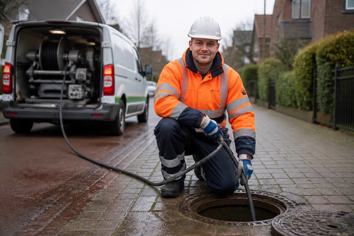 Rioolmonteur ontstopt een put met hogedrukapparatuur in Groningen